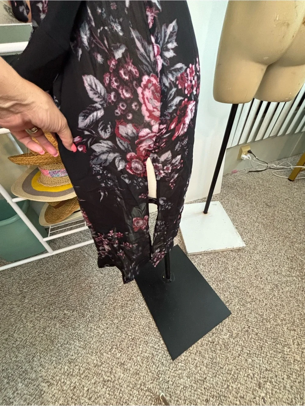 Leith Black Floral Satin Wrap Robe with Plum Accents
